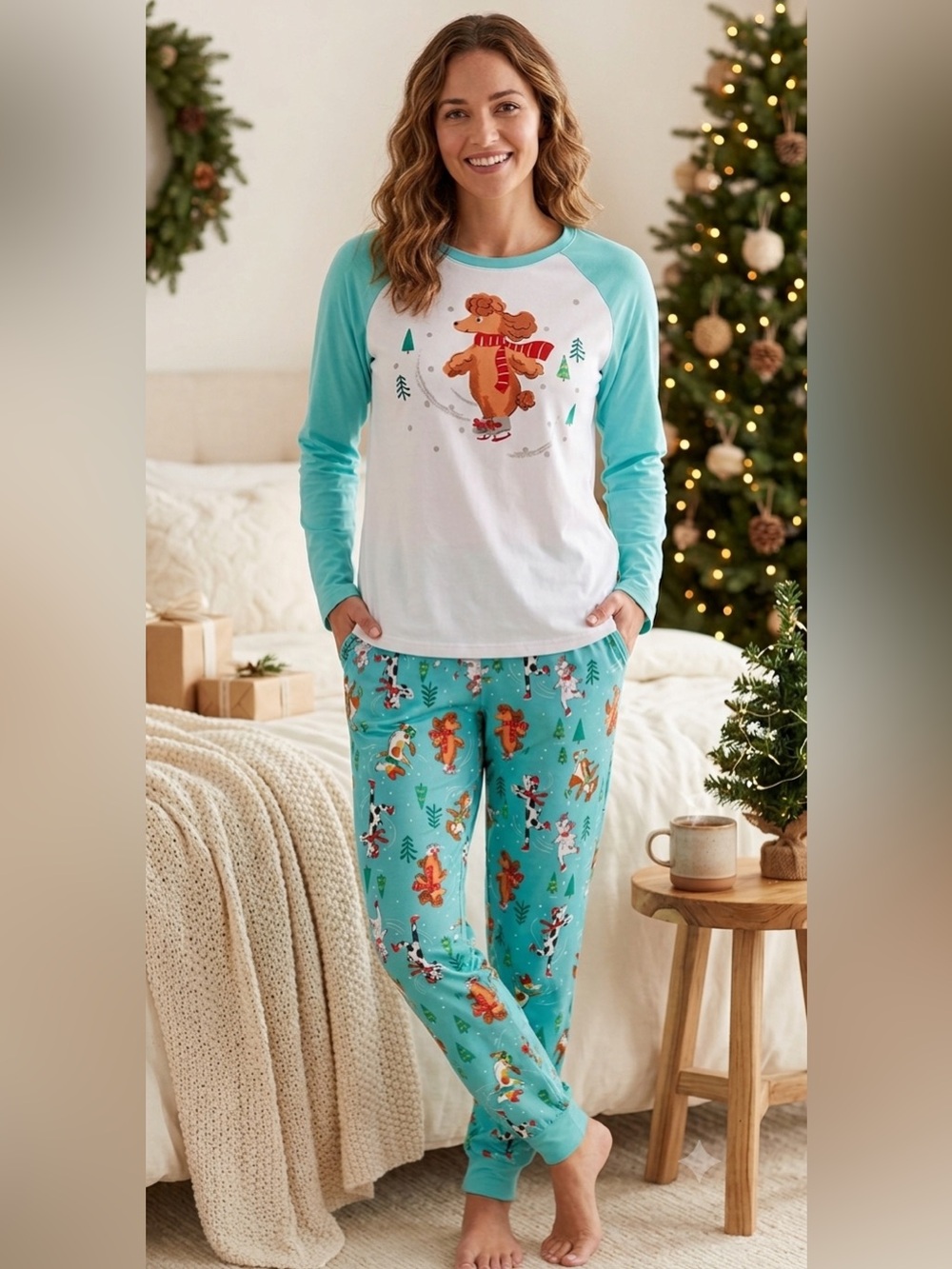 Women’s Teal & White Holiday Dog Print Pajama Set